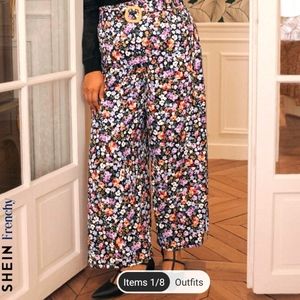 Floral Belted Pants with Slit